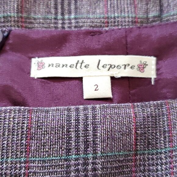 Nanette Lepore Purple Plaid Wool Blend Ruched Ruffle Pencil Midi Skirt Sz 2 - Picture 4 of 4